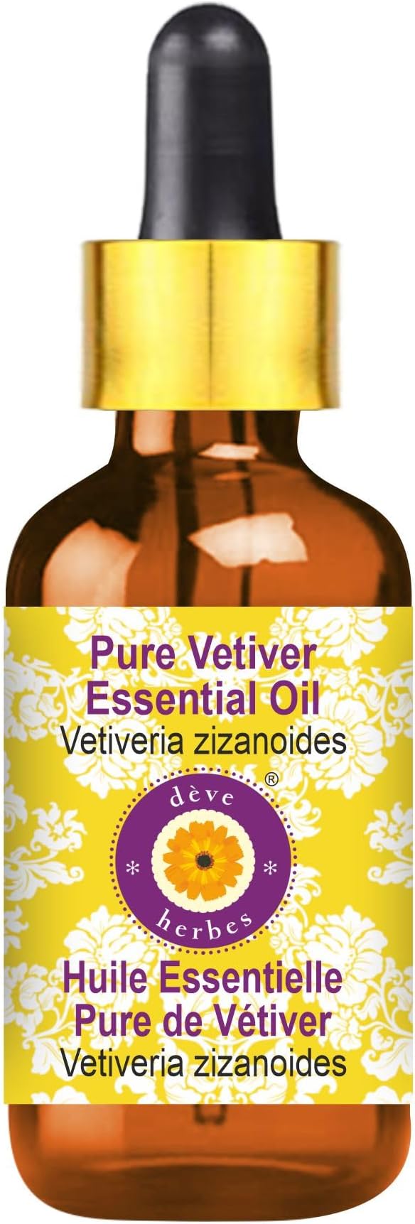 Deve Herbes Pure Vetiver Essential Oil (Vetiveria zizanoides) with Glass Dropper Steam Distilled 30ml (1 oz)