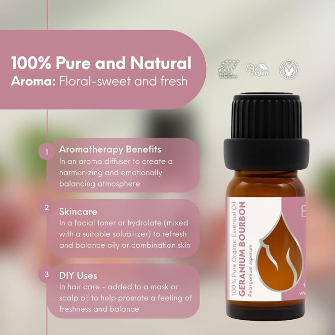 Essences Bulgaria Organic Geranium Bourbon Essential Oil 0.34 Fl Oz | 10ml | Pelargonium asperum | 100% Pure and Natural | Undiluted | Therapeutic Grade | Aromatherapy | Cosmetics | Cruelty Free