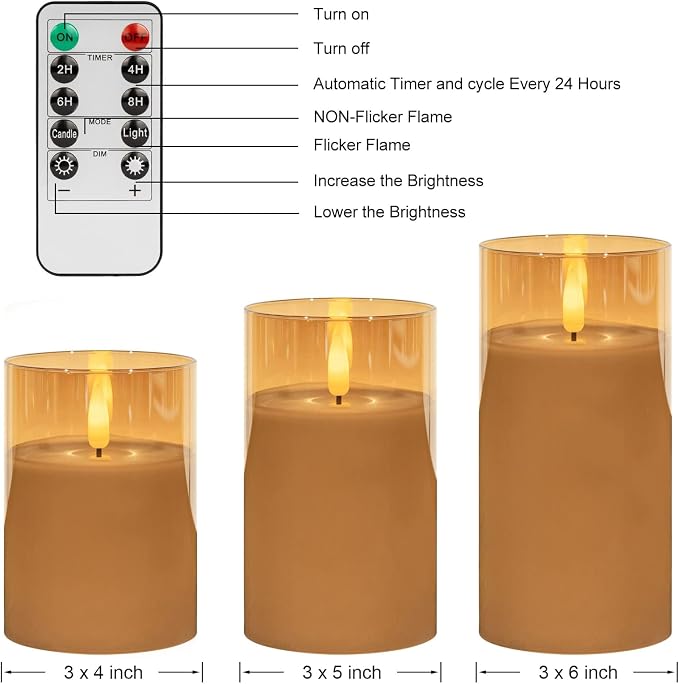 ANGELLOONG Gold Candles for Bathroom Decor, Glass Flameless Candles with Remote, Battery Operated LED Pillar Fake Candles with Timer for Christmas Home Fireplace Mantle Fall Decor
