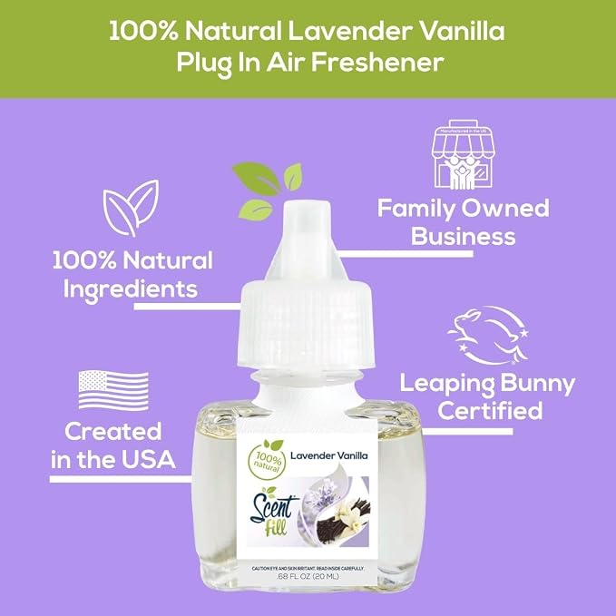 Scent Fill 100% Natural Lavender Vanilla Plug in Air Freshener, Scented Oil Refills, 2 Refills + Diffuser