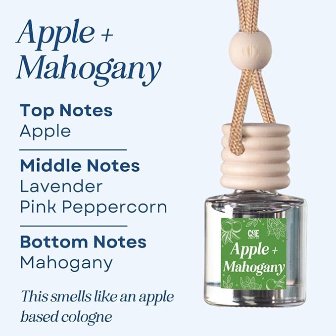 C&E Craft Co Hanging Car Air Freshener Diffuser 2 Pack, Long Lasting Fragrance Oil Car Freshener, Glass Bottle Auto Air Freshener, Made in USA (Apple & Mahogany + Teakwood & Mahogany)
