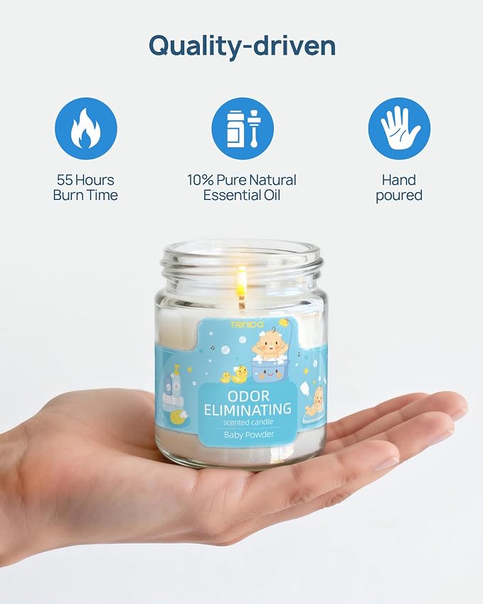 TRINIDa Baby Powder Odor Eliminating Candles for Home Scented, Eliminates 99% of Pet, Smoke, Food and Other Smells Quickly, Highly Fragranced Candle, Premium Soy Candles Set for Women