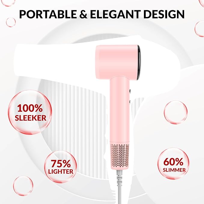 Chignon Hair Dryer with Diffuser, Ionic Travel Hairdryer with 160,000 RPM High-Speed Motor for Fast Drying, 1600W Lightweight Blow Dryer with Concentrator for Women Men, Professional Salon Home, Pink