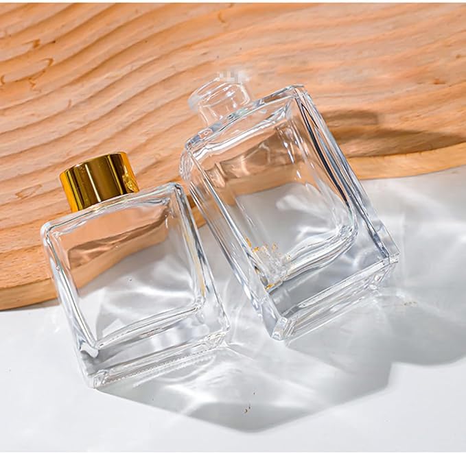 2PCS 50ml/1.7oz Empty Clear Glass Diffuser Jars with Gold Cap Small Square-Shaped Essential Oil Container Fragrance Accessories Use for DIY Replacement Set