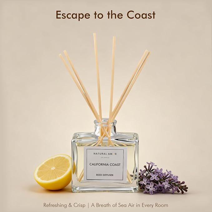 Natural Amor California Coast Reed Diffuser Set, 3.38 fl oz Scented Diffuser with Sticks Home Fragrance Reed Diffuser for Bathroom Shelf Bedroom Living Room