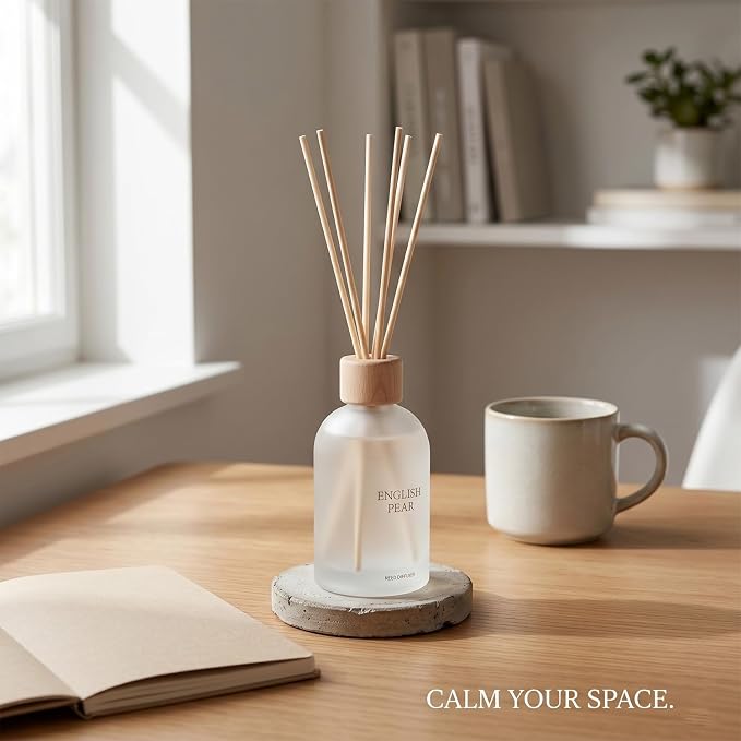 Reed Diffuser Set 6.7 oz Scented Oil Diffuser with 6 Fiber Sticks, Long Lasting Home Fragrance for Bathroom Shelf Decor, Living Room, Office Aromatherapy Gift 01 (English PEAR)