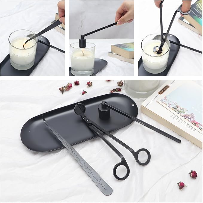Candle Accessory Set Candle Wick Trimmer Candle Wick Dipper Candle Snuffer Storage Tray 4 Packs Candle Care Kit Gift for Candle Lovers(Black - CAB3)