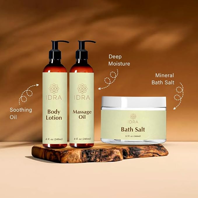 IDRA Reset & Restore Trio – Hydrating Body Lotion, Relaxing Massage Oil & Mineral Bath Salt | Natural Self-Care Gift Set for Relaxation, Stress Relief & Skin Nourishment | Spa-Inspired Wellness Kit
