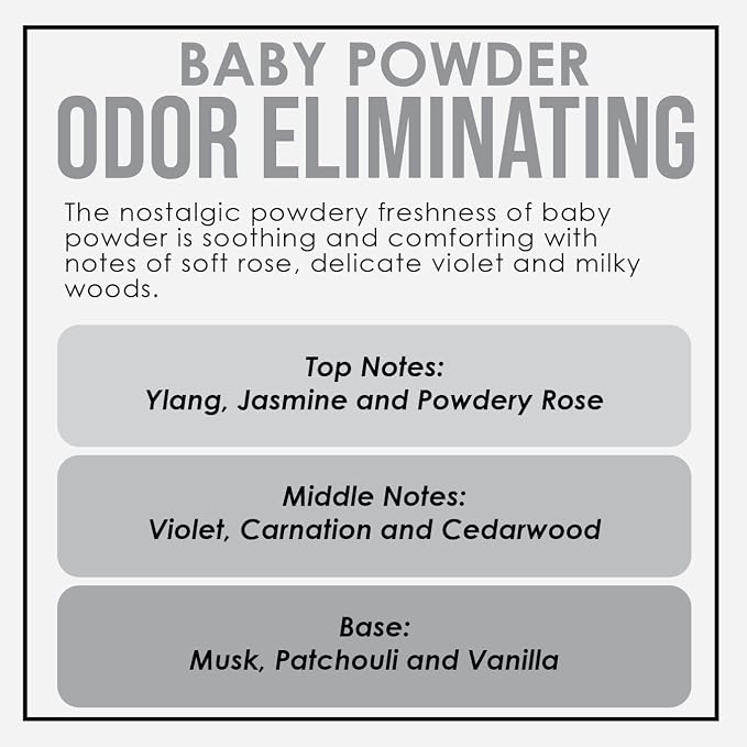 Baby Powder Odor Eliminating Highly Fragranced Candle - Eliminates 95% of Pet, Smoke, Food, and Other Smells Quickly - Up to 80 Hour Burn time - 12 Ounce Premium Soy Blend