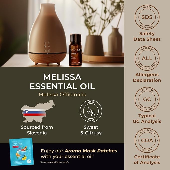 100% Pure Melissa Essential Oil - 0.34 Fl Oz - Melissa Oil for Hair, Skin, Diffuser, Aromatherapy & DIY Candle Making Scent