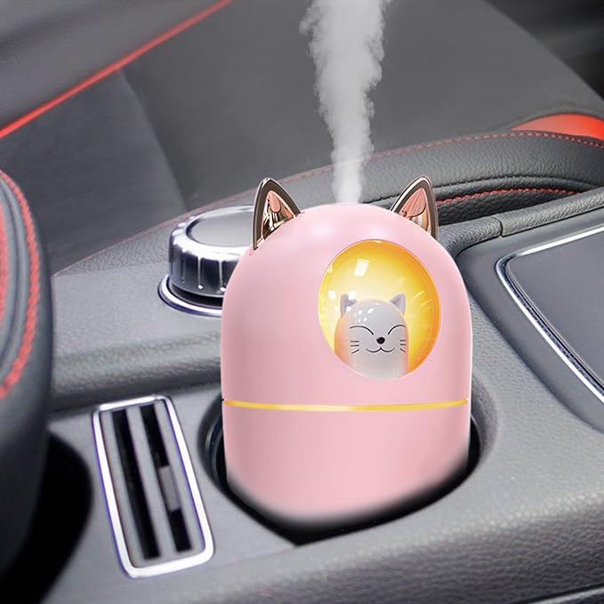 Cute Portable Pink Cool Mist Humidifier with 6 Pcs Filter Cotton Sticks, 7 Color Night Light, USB, for Bedroom, Office, Desk, Car, Travel