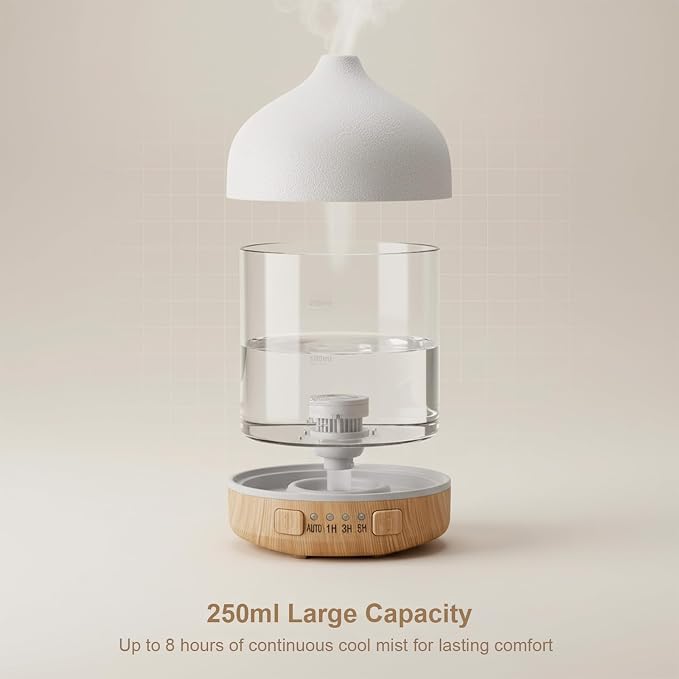 Ceramic Essential Oil Diffuser, 250ml Aromatherapy Humidifier & 7 Color-Changing Night Light with Auto Shut-Off, 1H/3H/5H Timer Ultrasonic Cool Mist Quiet Operation for Home, Office, Yoga