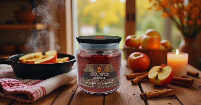 Krackle Apple Skillet Scented Candle | 16oz Jar | Long Burn | Apple, Cinnamon, Nutmeg & Brown Sugar | Wooden Krackle Wick | Cozy Fall Candle for Home or Gifting