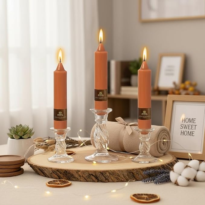 Earth Tone Short Chunky Taper Candles 7 Inch Pumpkin Color Candlesticks Fat Candles Handmade Clean Burning Unscented Candles for Fall Harvest Halloween Thanksgiving Dinners Parties and Home Décor