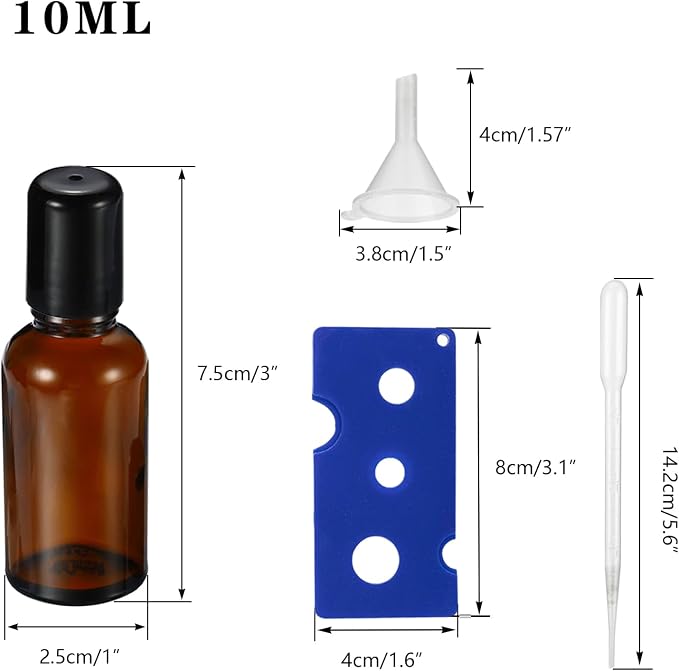 10ML Roller Bottles for Essential Oil, 4 Pack Empty Amber Glass Roller Bottle for Perfume Oil, Roll on Bottles with Stainless Steel Roller Balls, Opener, Funnel and Dropper