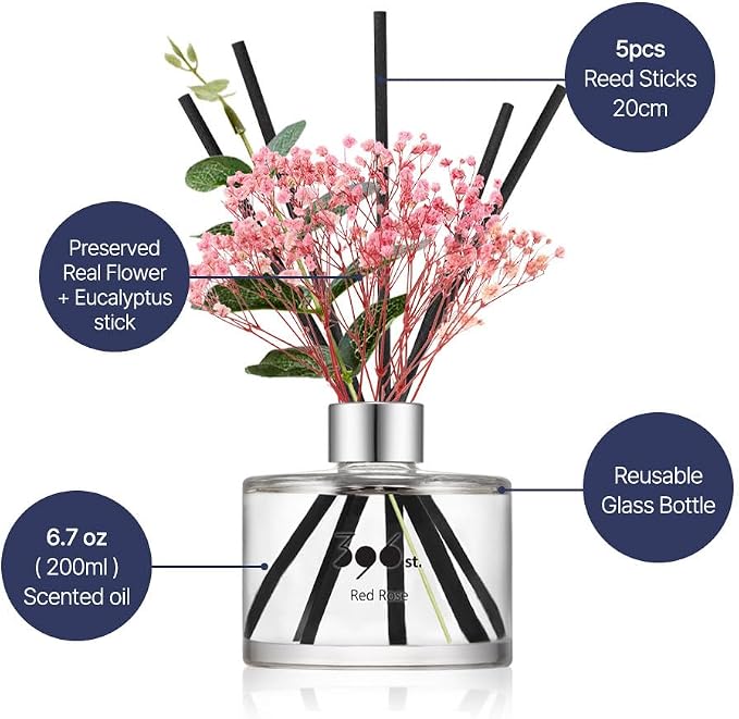 396 st. Preserved Baby's Breath Flower Reed Diffuser, White Musk, 200ml(6.7oz) / Reed Diffuser Sets, Home Fragrance, Scented Oils, Home & Bathroom Décor