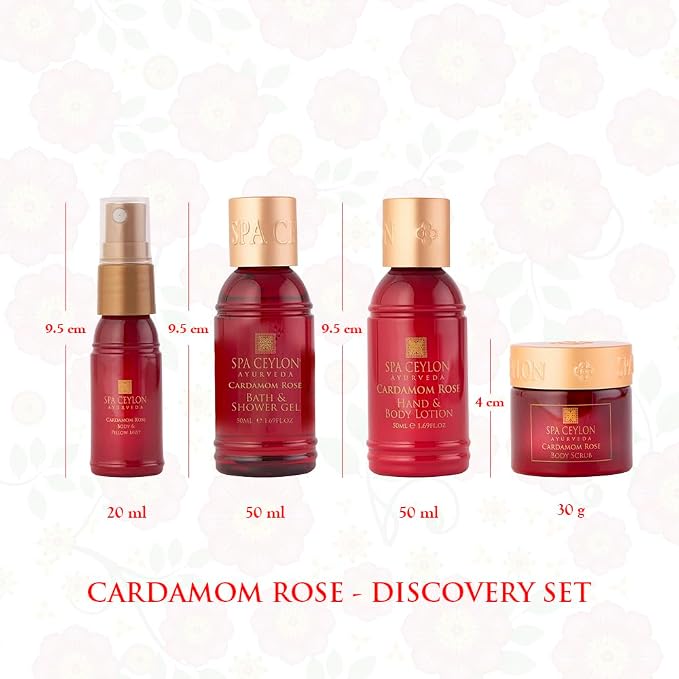 Spa Ceylon Ayurveda Cardamom Rose Discovery Set – 4-Piece Natural Uplifting Spa Gift Set with Himalayan Rose & Organic Ceylon Cardamom - Bath Gel, Body Lotion, Pillow Mist & Scrub