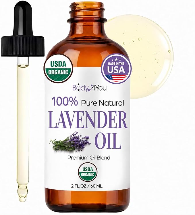 BodyJ4You Lavender Essential Oil Blend - USDA Organic Pre-Diluted MCT Ready to Use - Calming Skin Care for Face Body Sensitive Skin - Vegan Hexane Free Fast Absorbing - Amber Glass Dropper 2 Fl Oz
