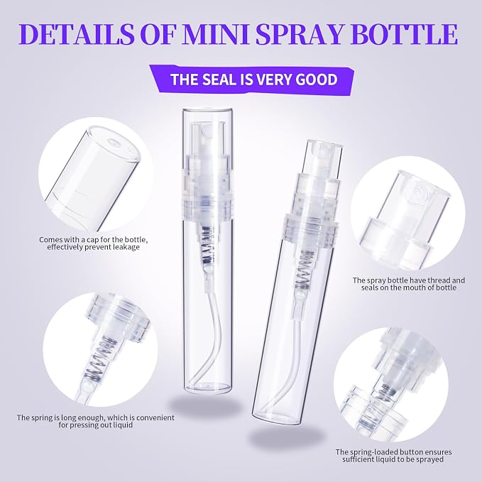 Fandamei 60PCS Mini Spray Bottle, 30PCS 3ml Mini Clear Plastic Spray Bottle Empty with 30PCS 5ml Fine Mist Refillable Mini Perfume Bottle. Small Empty Sample Containers Bottle.
