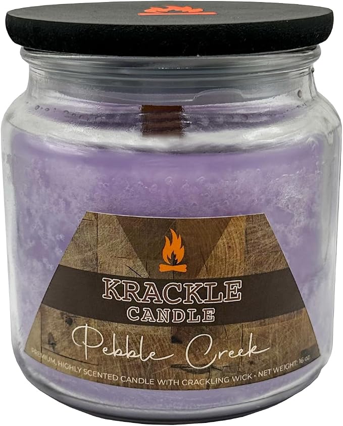Krackle Candle | Pebble Creek | 16 oz Scented Candle with Natural Crackling Wooden Wick | Poured in the USA | Citrus, Persimmon & Cotton Fragrance