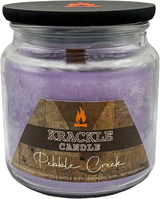 Krackle Candle | Pebble Creek | 16 oz Scented Candle with Natural Crackling Wooden Wick | Poured in the USA | Citrus, Persimmon & Cotton Fragrance