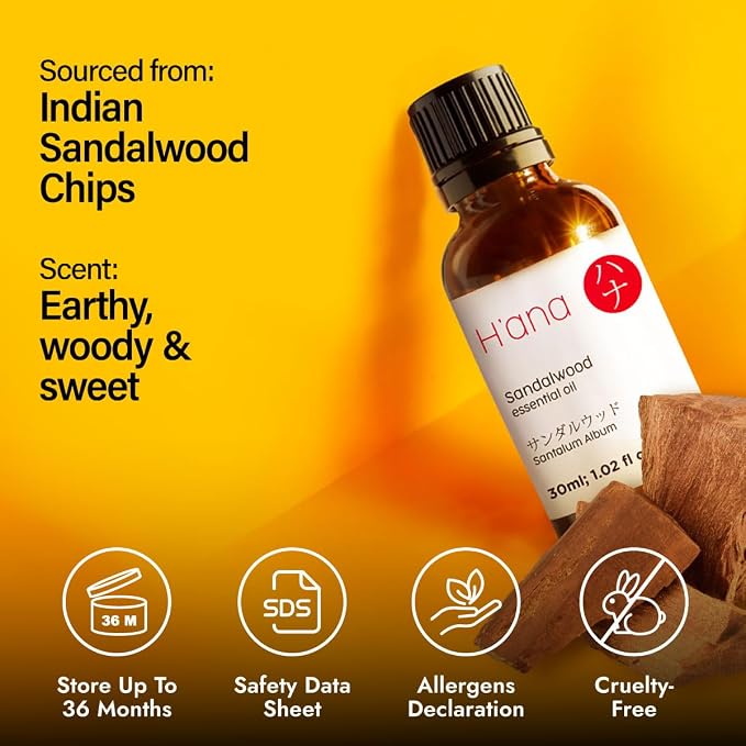 H'ana Sandalwood Oil - 1.02 Fl Oz Sandalwood Essential Oil for Hair, Skin, Diffuser, Aromatherapy & DIY