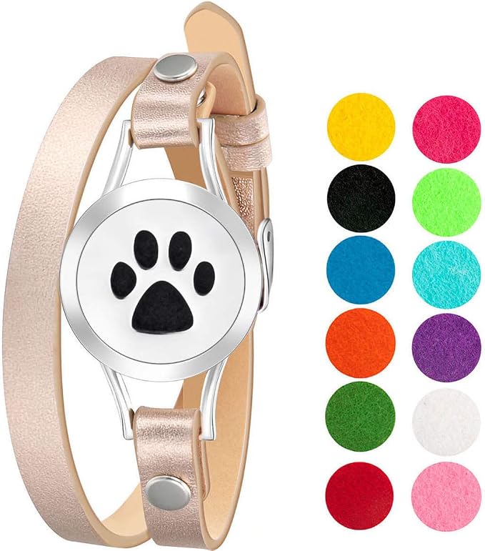 Wild Essentials Dog Paw Essential Oil Bracelet Diffuser, Leather Wrap Band, Stainless Steel Locket Pendant, 12 Color Refill Pads, Customizable Color Changing Perfume Jewelry for Aromatherapy