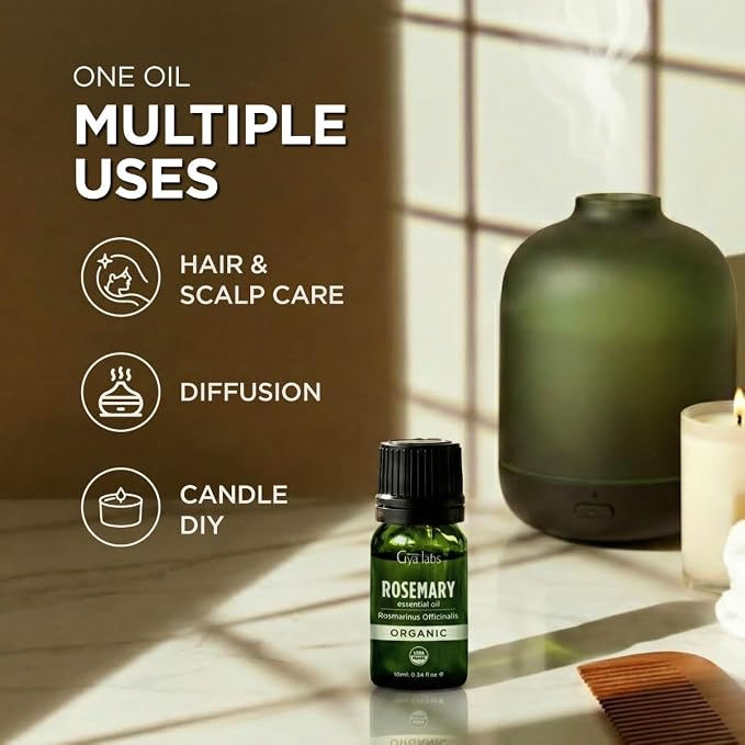 Gya Labs Organic Rosemary Essential Oil - 0.34 Fl Oz - for Skin, Hair, Diffuser, Aromatherapy, DIY Candle Making Scents