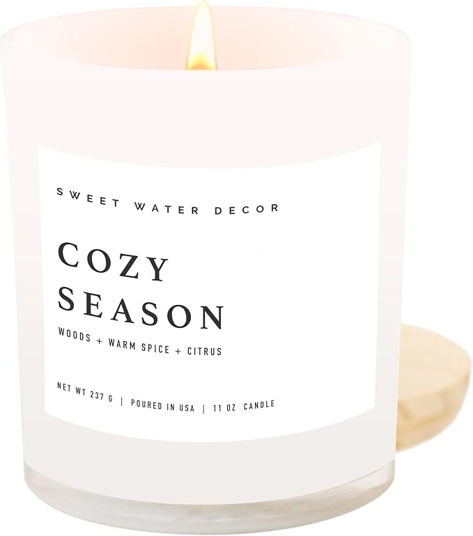 Sweet Water Decor Cozy Season Soy Candles - Fall Candles with Woods, Warm Spice, and Citrus Scent for Home Decor - Soy Candle with 50 Hours Burn Time - 11Oz Wood Lid White Jar Candles Fall Scents