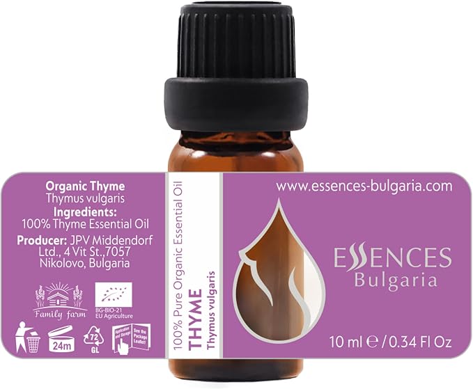Essences Bulgaria Organic Thyme Essential Oil 1/3 Fl Oz | 10ml | Thymus vulgaris | 100% Pure and Natural | Undiluted | Therapeutic Grade | Family Owned Farm | Steam-Distilled | Non-GMO | Vegan