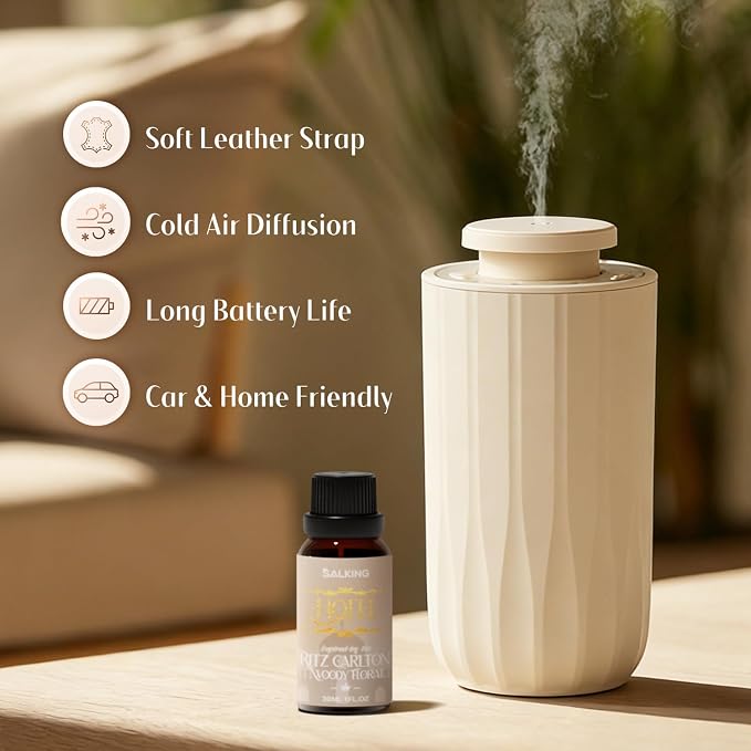 SALKING Waterless Diffuser Starter Kit with 30mL Hotel Fragrance Oil, Scent Diffuser Battery Operated Nebulizer with Timer & Adjustable Mist Mode, Car Diffsuer, Mini Scent Air Machine for Home, Office