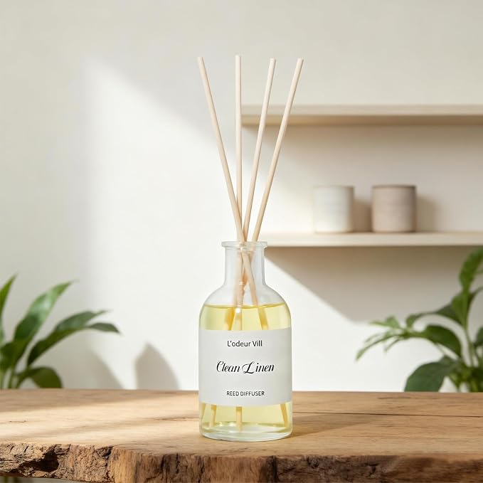 L'odeur Vill Reed Diffuser Set, 5.07 fl oz(150ml) Clean Linen Reed Diffuser for Home Bathroom Diffuser with Long Lasting Scent Diffuser with 6 stricks Shelf Decor