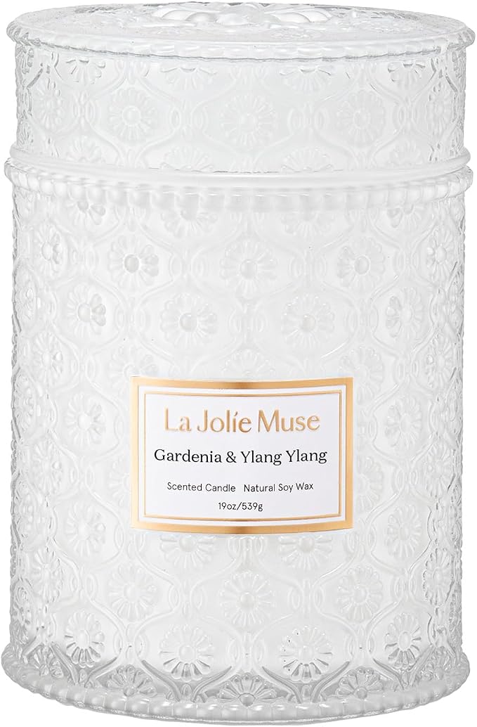 LA JOLIE MUSE Gardenia & Ylang Ylang Scented Candles for Home,19 oz Soy | Large Jar Luxury Candles, Clean Non Toxic, Gifts for Women & Mom, Decorative White Candle, Pretty Floral Candle, Wood Wick