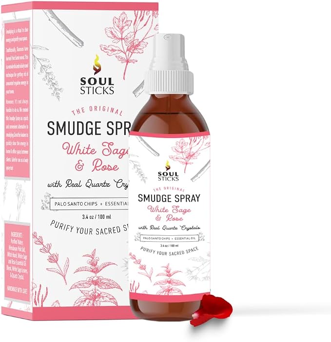 SOUL STICKS White Sage & Rose Smudge Spray For Cleansing and Negative Energy | 3.5oz Sage Smudge Spray with Real Quartz Crystals | Car Air Freshner Fragrance Sage Room Spray for Spiritual Cleansing
