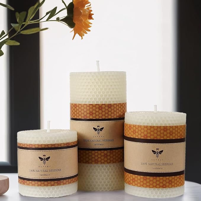 DEYBBY Natural White 3×4 in Beeswax Pillar Candle - Handmade Pure Organic Beeswax Honeycomb Rolled Candle for Home Study Decor Housewarming Gift