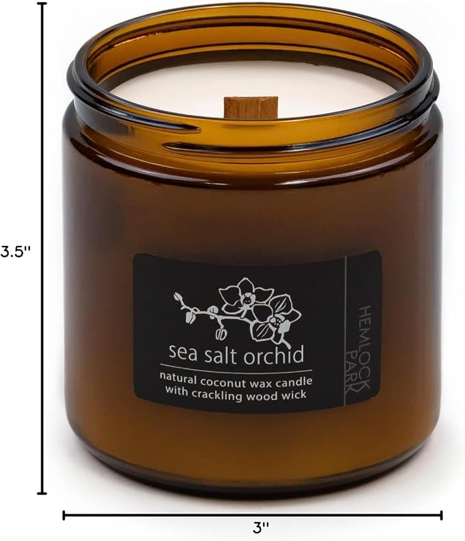 Hemlock Park Sea Salt Orchid Apothecary Scented Candle | Crackling Wood Wick, Botanical Fragrance & Coconut Apricot Wax | Up to 80 Hour Burn Time | 16 oz | Made in USA