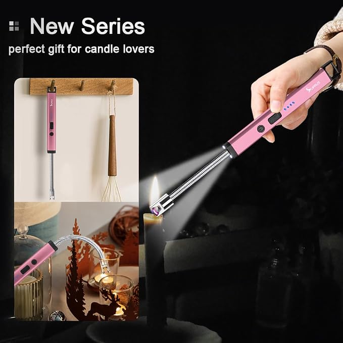 SUPRUS Rechargeable Candle Lighter Electric Arc Triple Safety Long Lighter Stainless Steel Shell & Hanging Hook (Pink)