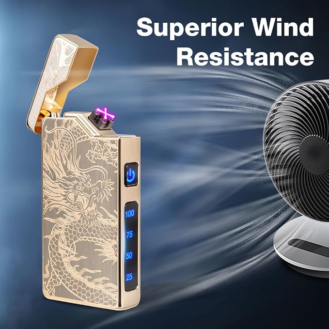 LcFun Electric Lighter USB Rechargeable, Dual Arc Plasma Lighter, Windproof Flameless Lighters, Electronic Lighters with LED Battery Indication Gifts for Men Boyfriend Husband (Dragon Gold)