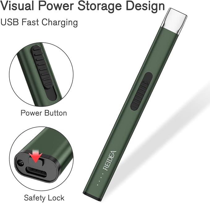 REIDEA Lighter R1 Electronic Candle Lighter, Windproof Flameless USB Rechargeable Flat Arc with Safe Button and Power Indicator for Candle, BBQ and Fireworks, Pine Green
