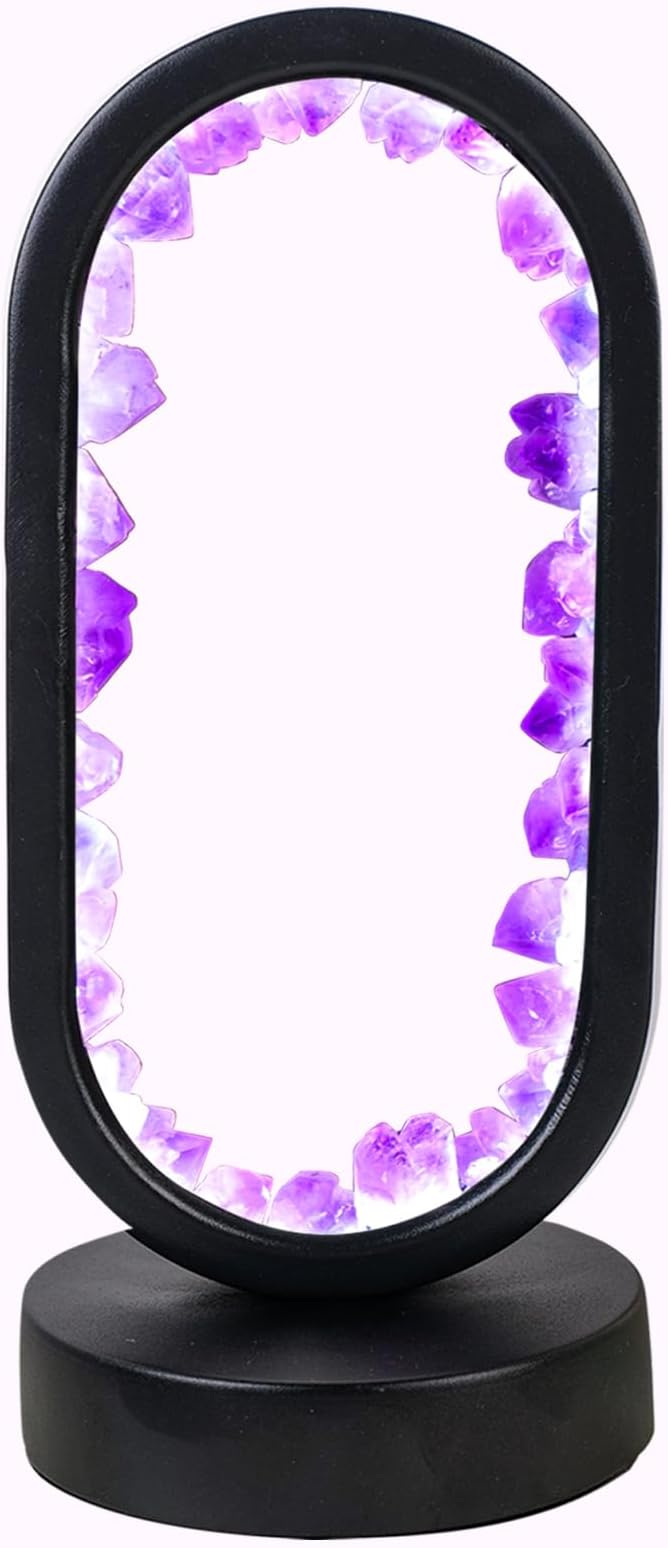 Runyangshi Crystal Lamp - Amethyst Tooth Ellipse Night Light with USB Port, 3 Colours Mode Table Lamp for Bedroom, Bedside, Office, Home Decor, Gift