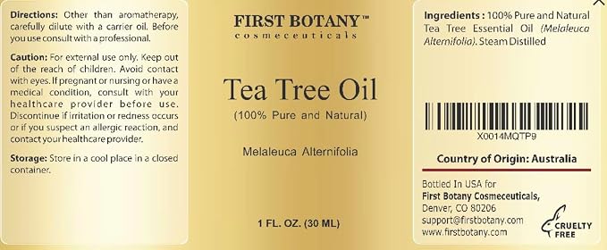 First Botany, 100% Pure Australian Tea Tree Essential Oil with high conc. of Terpinen - A Known Solution to Help in Fighting Acne, Toenail Issues, Dandruff. (1 fl oz) (Pack of 2)