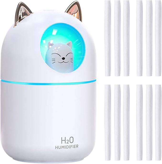Cute Portable Cool Mist Humidifier with 12 Pcs Sticks & 7 Color Night Light - USB Air Humidifier for Bedroom, Office, Desk, Car, Travel (White + 12 Filter Cotton Sticks)