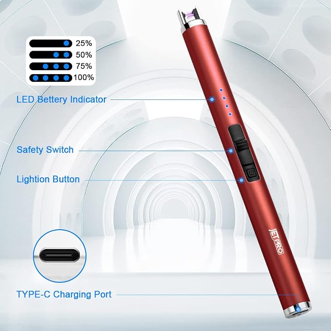 USB Rechargeable Candle Lighter Electronic Arc Lighter Windproof Flameless with Safety Button for Camping Cooking BBQ (Red)