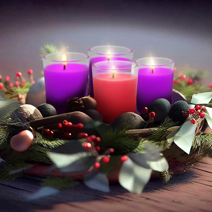 Purple and Pink Christmas Advent Votive Candles in Glass, Unscented 15 Hour Soy Wax Love, Hope, Peace and Joy Candles for Christmas Wedding Table Home Spa Holidays Party, 4 Packs