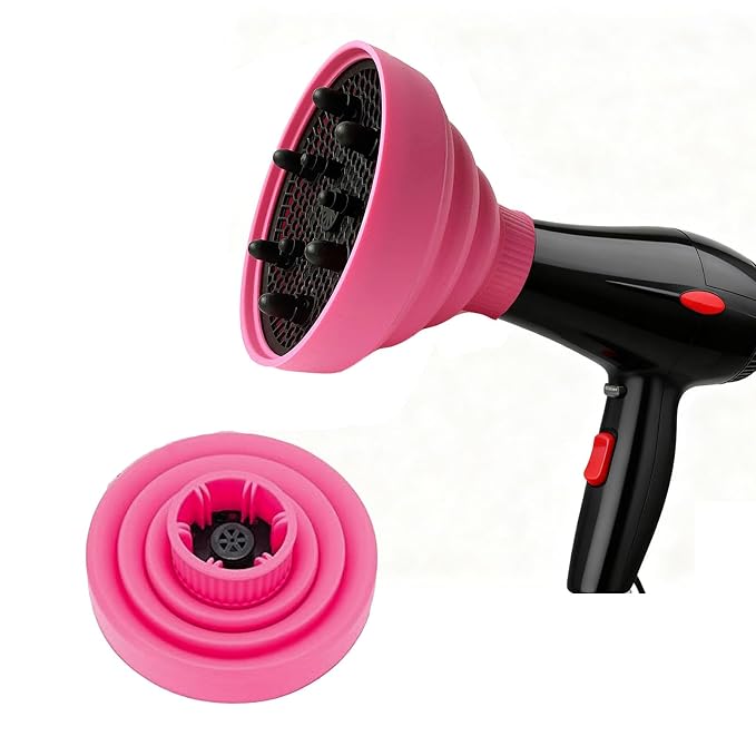 Universal Silicone Hair Dryer Diffuser Attachment, Collapsible & Portable Blow Hair Diffuser for Curly/Wavy Hair Travel Use, Lightweight Folding Fits 1.57-1.99" Nozzles for Salon Home (Rose Red)