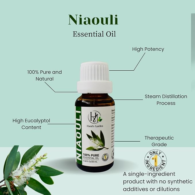 Hami’s Garden Niaouli Essential Oil – 100% Pure & Natural –Premium Grade with Glass Dropper (20mL)– for Diffuser, Skincare, and DIY Products.