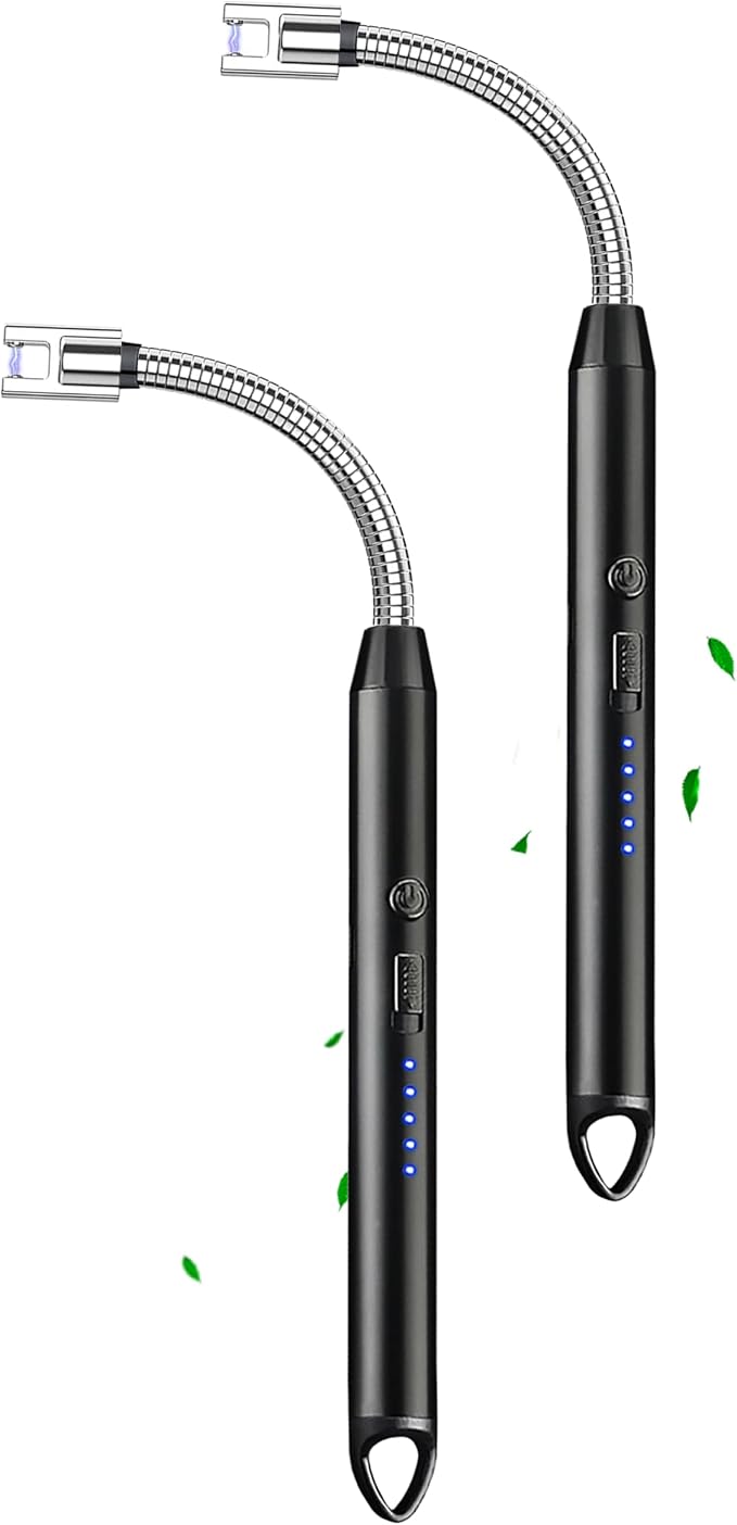 ELCELC 2 Pack Electric Candle Lighter Plasma Flameless Arc Windproof 360° Long Neck Flexible with LED Power Display Lighters for Candle for BBQ, Grill, Camping, Fireplace, Stove