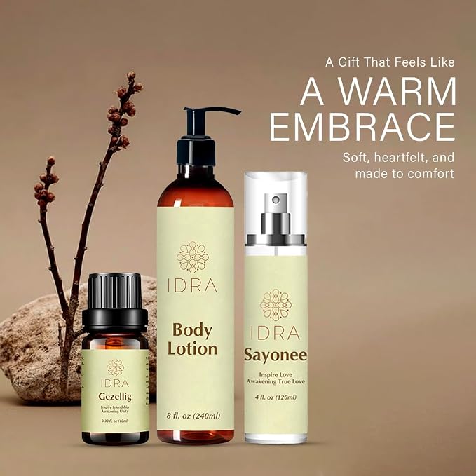 IDRA Heart & Home Gift Set – Self-Care Trio with Body Lotion, Face Mist & Essential Oil | Natural Aromatherapy Gift Box for Relaxation, Hydration & Home Wellness (Sayonee + Gezellig + Body Lotion)