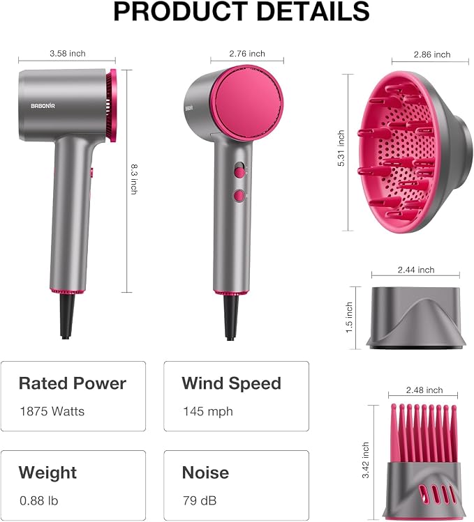 BABONIR Hair Dryer, 110,000 RPM High-Speed Brushless Motor for Fast Drying, 1875W Plasma Blow Dryer with Comb, Diffuser & Concentrator, 550 Million Ionic Hairdryer, Low Noise, for Travel, Salon (Gray)