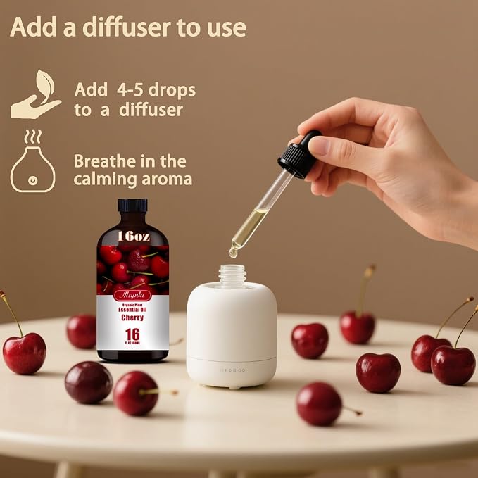 Cherry Essential Oil, Cherry Oil for Diffuser, Humidifier, DIY Candle, Soap, Sweet Scent, Home, Office, Gift Ready,Cherry Fragrance Oil – MLYNKL Essential Oils (16.33 fl oz / 490ml)